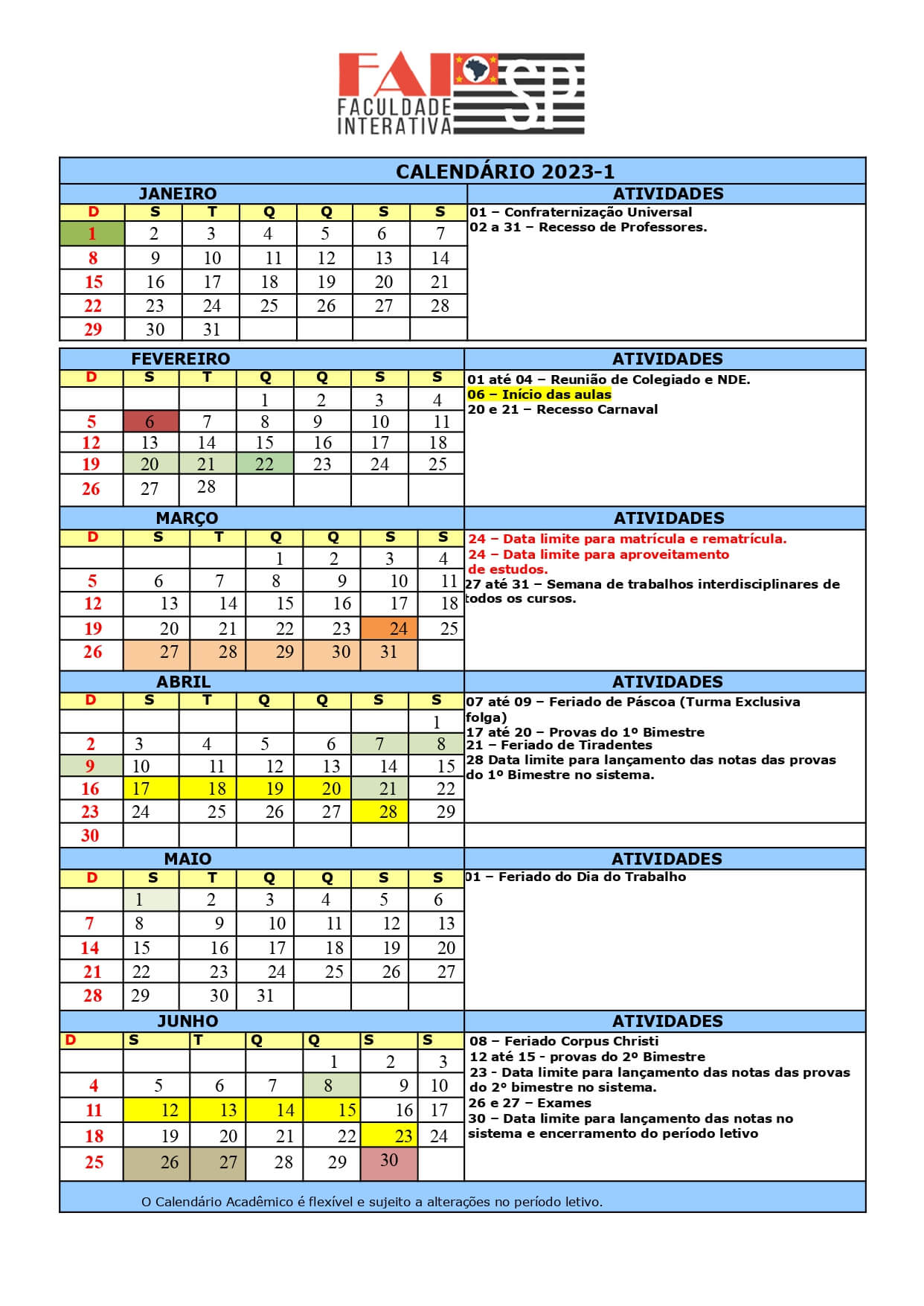 Calendário Acadêmico – Faisp – Faculdade Interativa de São Paulo